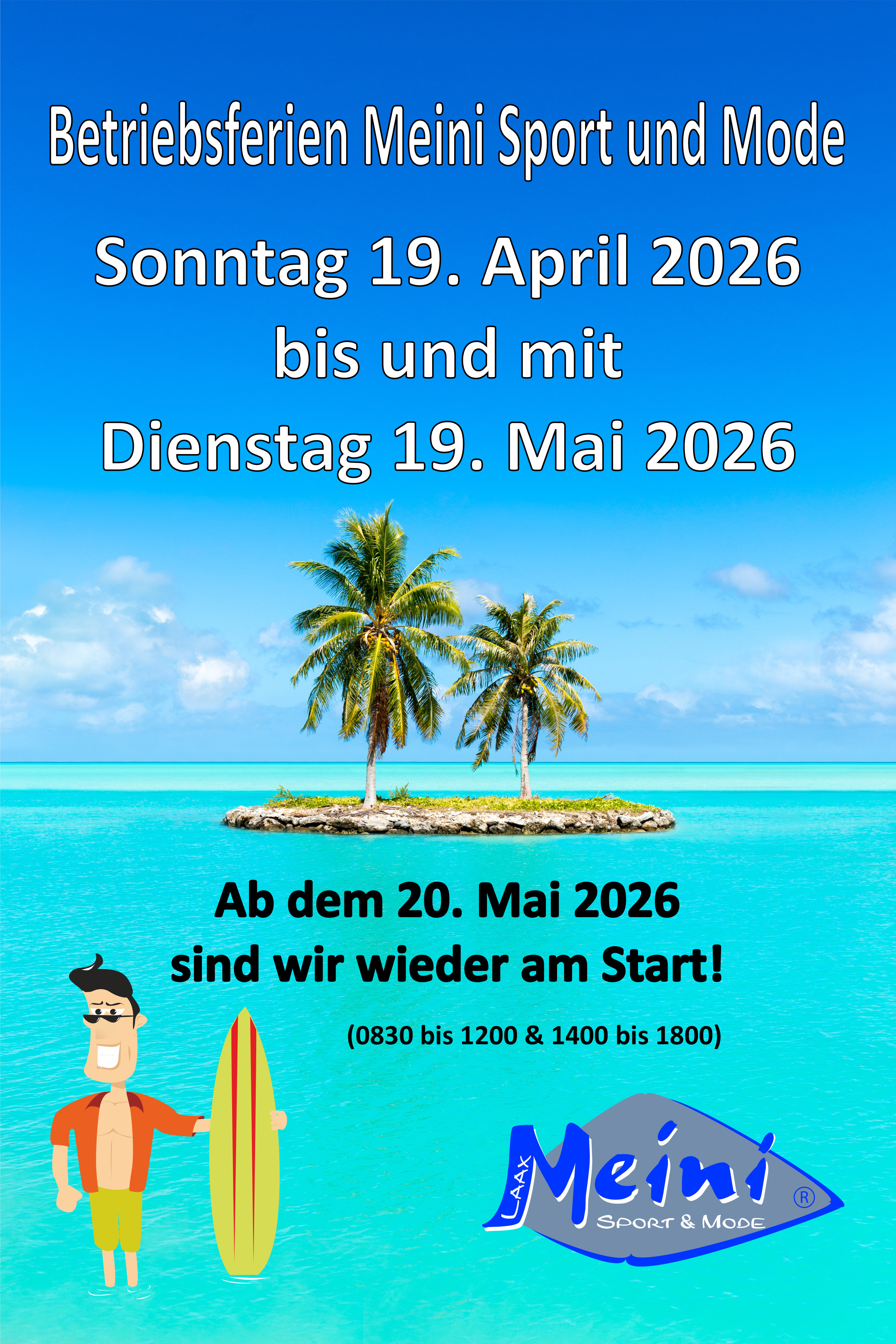 Aktuelle Öffnungszeiten mit Bild einer Insel im türkisfarbenen Meer