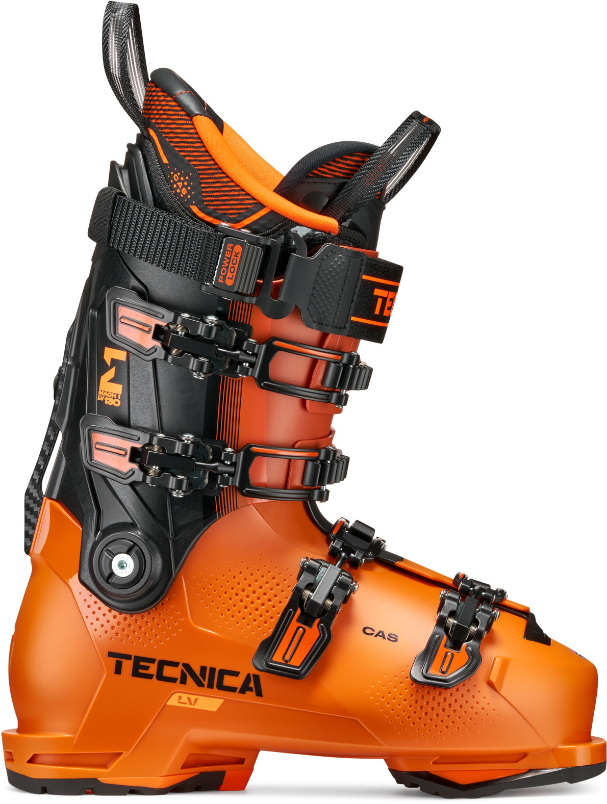 Orangefarbener Tecnica Mach1 LV 130 Skischuh mit schwarzen Schnallen und T-Drive-Technologie.